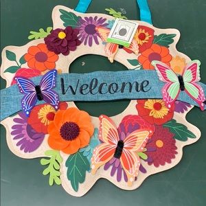 Evergreen butterfly flower welcome door wreath
